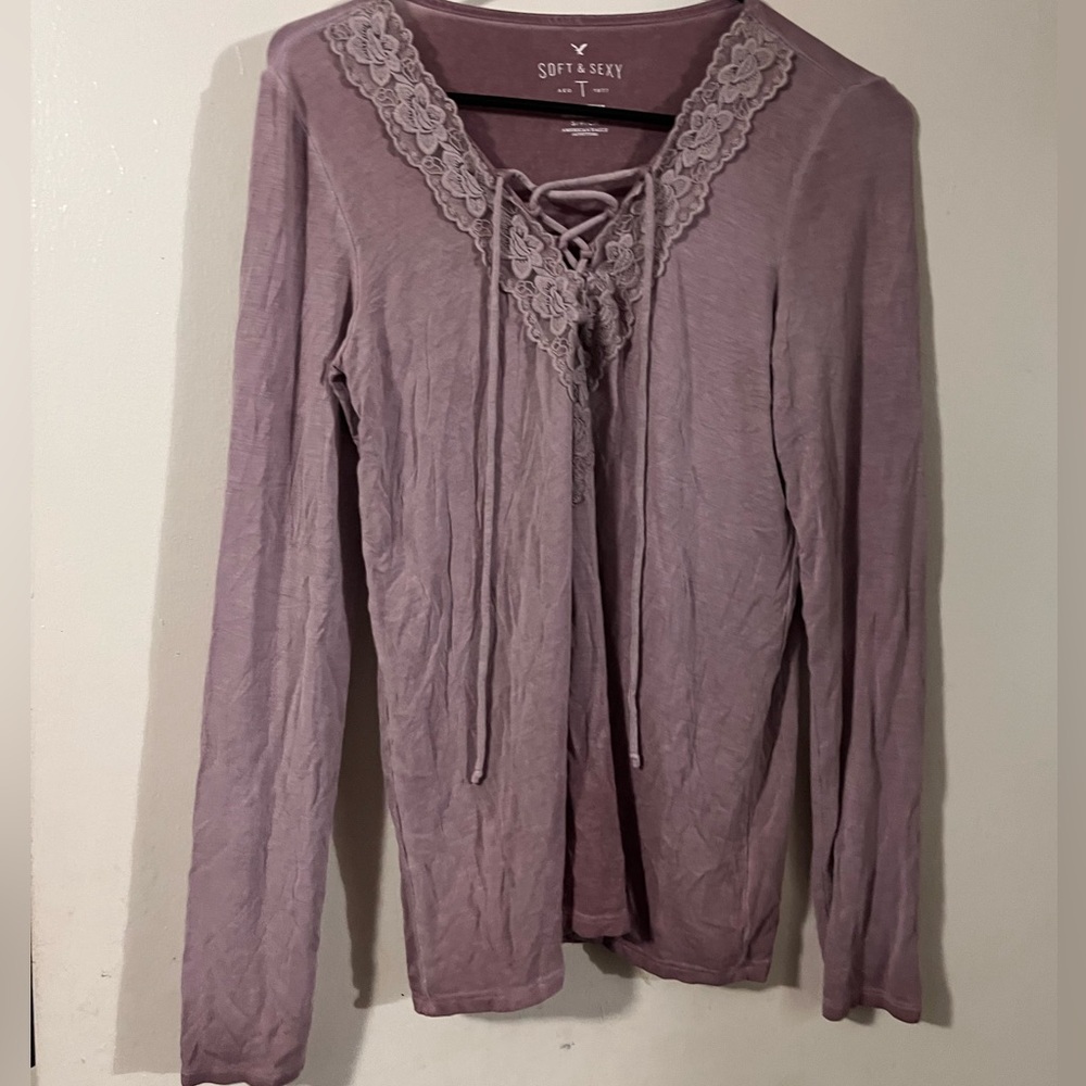 American Eagle purple lace long sleeve top Size S